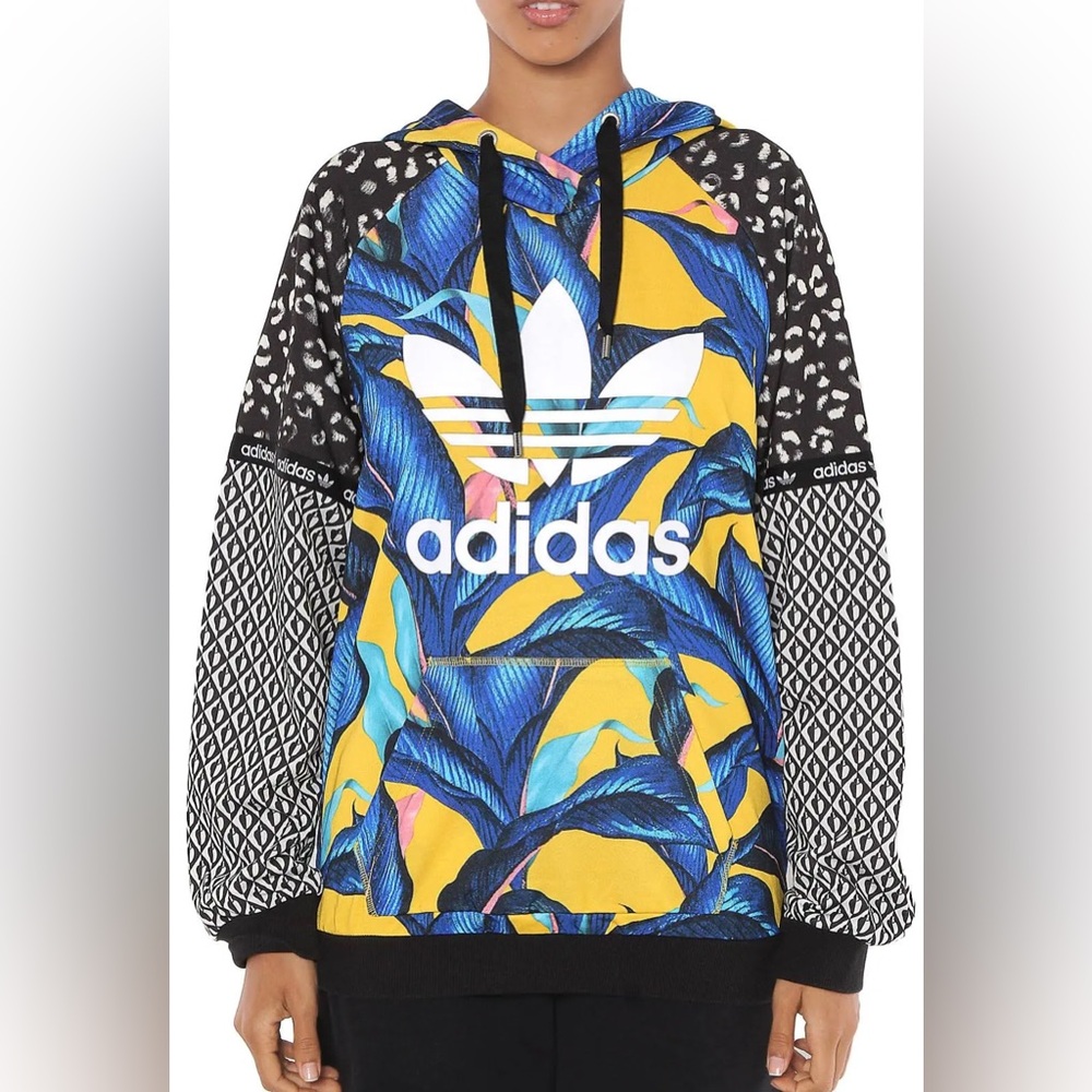 Adidas x Farm Rio Blue & Yellow Tropical Print Trefoil Logo Hoodie, L